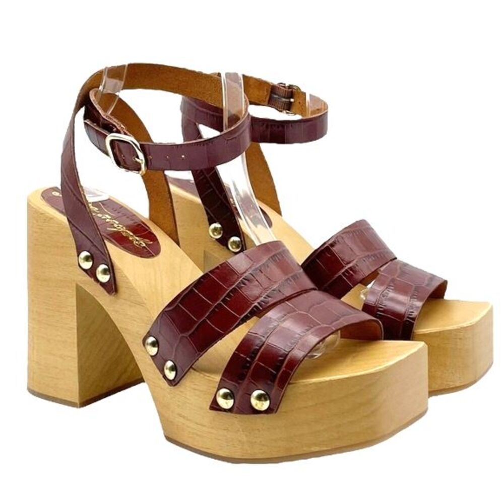 NWT Free People Mallory Brown Leather Clog Platform Ankle Wrap Sandal Size 8 NEW - Picture 3 of 16